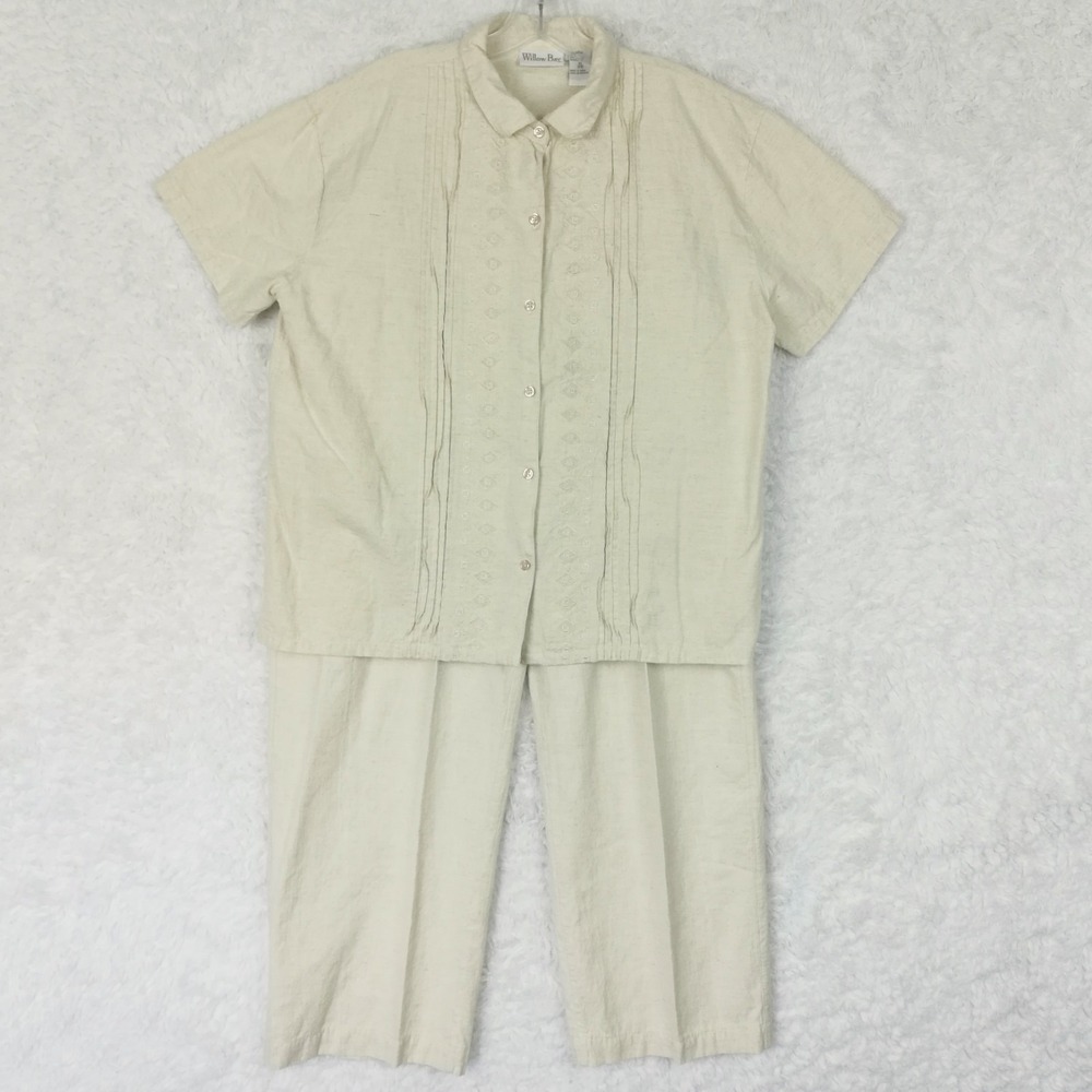 Willow Bay Womens Shirt Pant Set Linen Blend Cream Short Sleeve Button Front XL